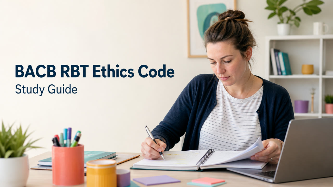 bacb rbt ethics code study guide with technician reviewing privacy and supervision notes