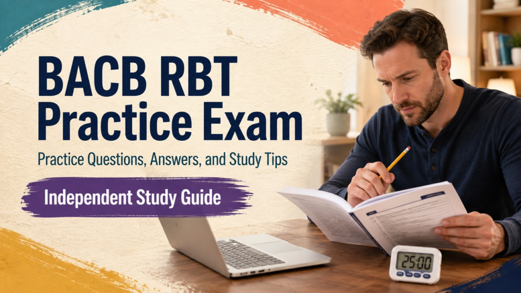 bacb rbt practice exam cover with a white adult learner reviewing an original practice booklet