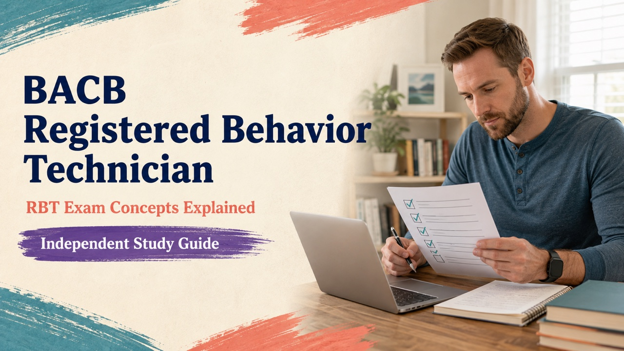 BACB registered behavior technician study guide cover with a white adult candidate reviewing certification steps