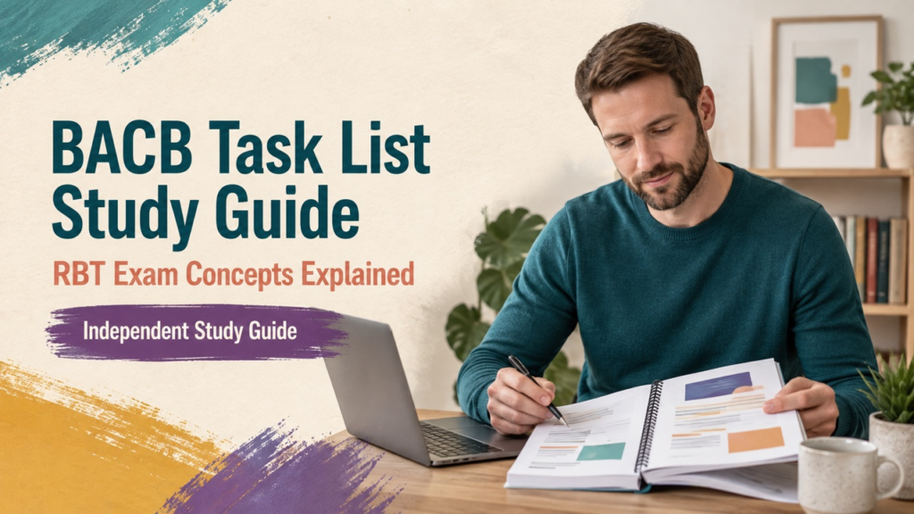 bacb task list study guide cover with a white adult learner reviewing a source-linked workbook