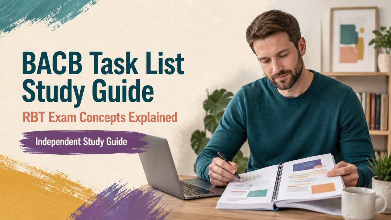 bacb task list study guide cover with a white adult learner reviewing a source-linked workbook