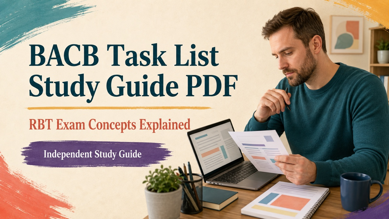 bacb task list study guide pdf cover with a white adult learner reviewing a source-linked workbook