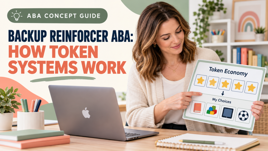 backup reinforcer ABA with a white adult woman reviewing a token economy menu beside a laptop
