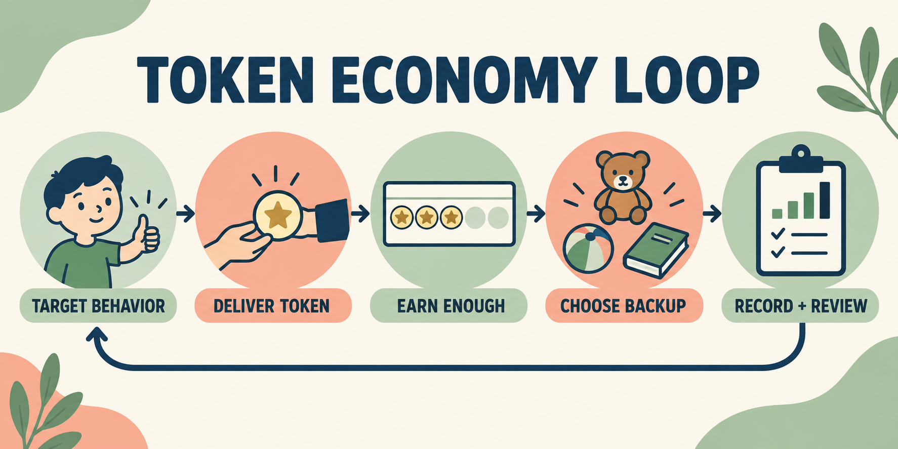 backup reinforcer ABA token economy loop from target behavior to token delivery and choice
