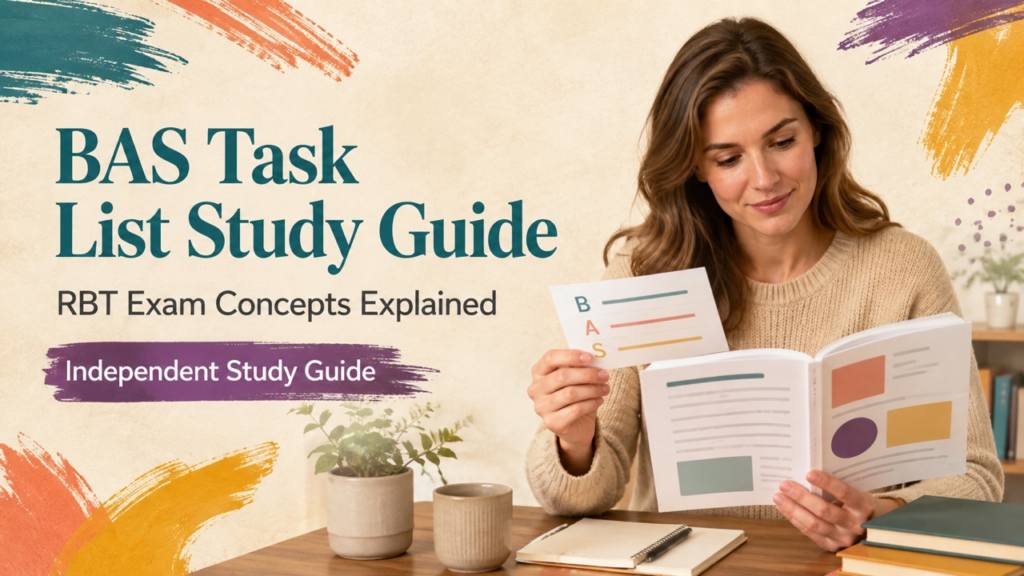 bas task list study guide cover with a white adult learner comparing study notes and source materials
