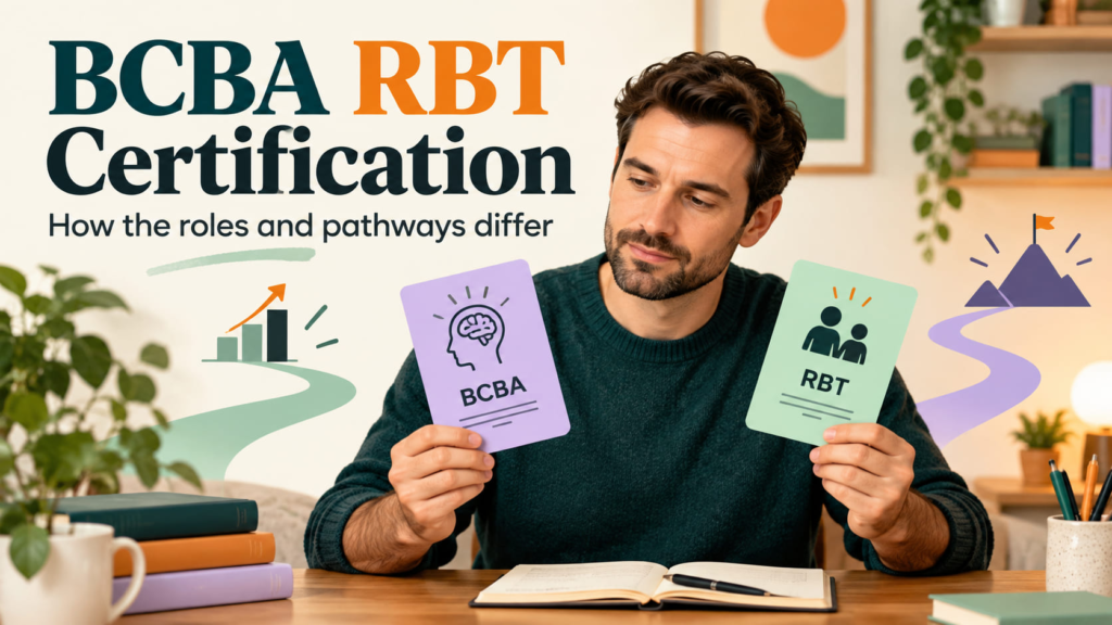 behavior analyst technician certification - BCBA RBT Certification cover with a white man comparing two de-identified credent