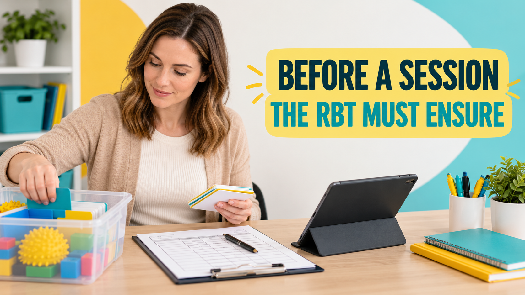 before a session the rbt must ensure checklist with a white adult woman preparing materials and data tools