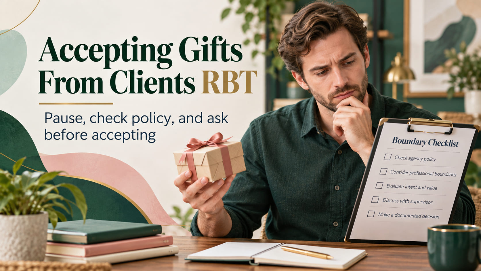 accepting gifts from clients rbt - Before you accept infographic showing identify, check policy, ask, and respond