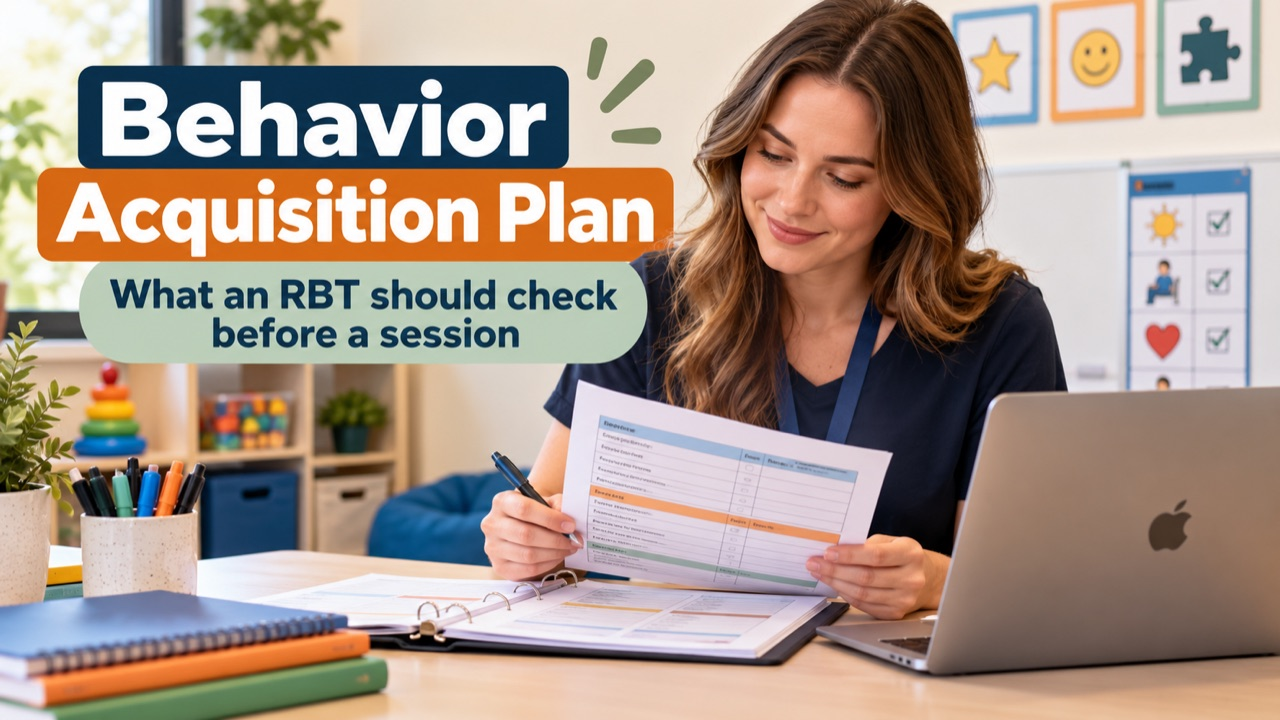 Behavior acquisition plan cover with a white woman RBT reviewing a written plan beside an Apple laptop
