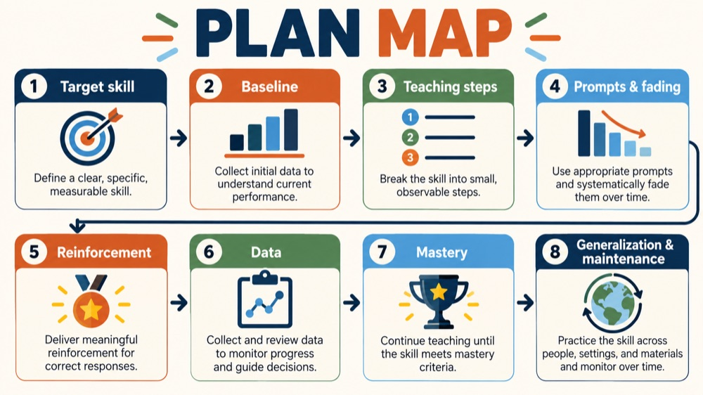 Behavior acquisition plan infographic mapping target skill, baseline, teaching steps, prompts, reinforcement, data, mastery,