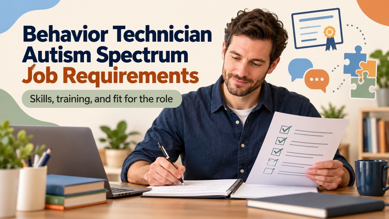 Behavior technician autism spectrum personality traits job requirements cover with a white man reviewing a training and job c