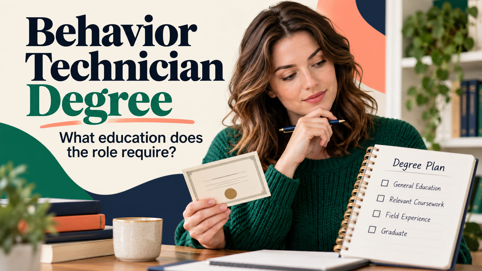 Behavior Technician Degree cover with a white woman comparing a certificate card and degree plan notebook