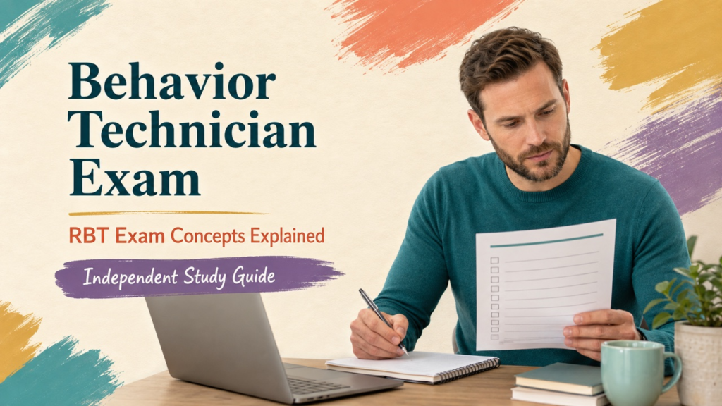 behavior technician exam cover with a white adult learner reviewing a study checklist