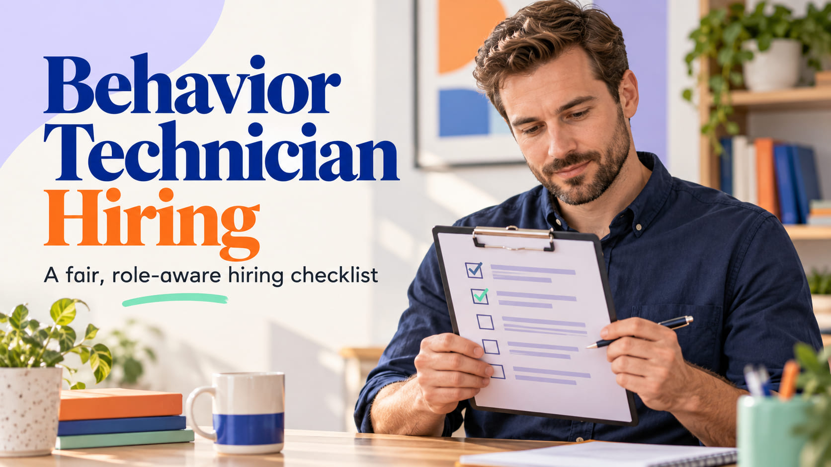 Behavior Technician Hiring cover with a white man reviewing a de-identified hiring checklist on a clipboard