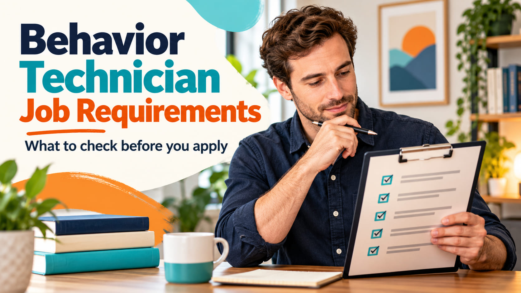 Behavior Technician Job Requirements cover with a white man reviewing a de-identified job checklist on a clipboard