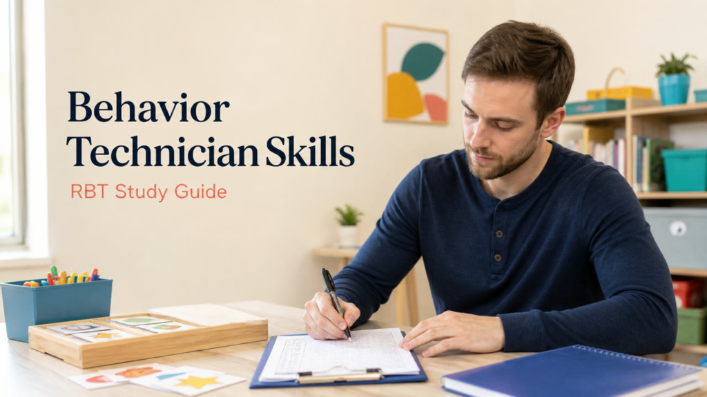 behavior technician skills study guide with white adult technician practicing data collection