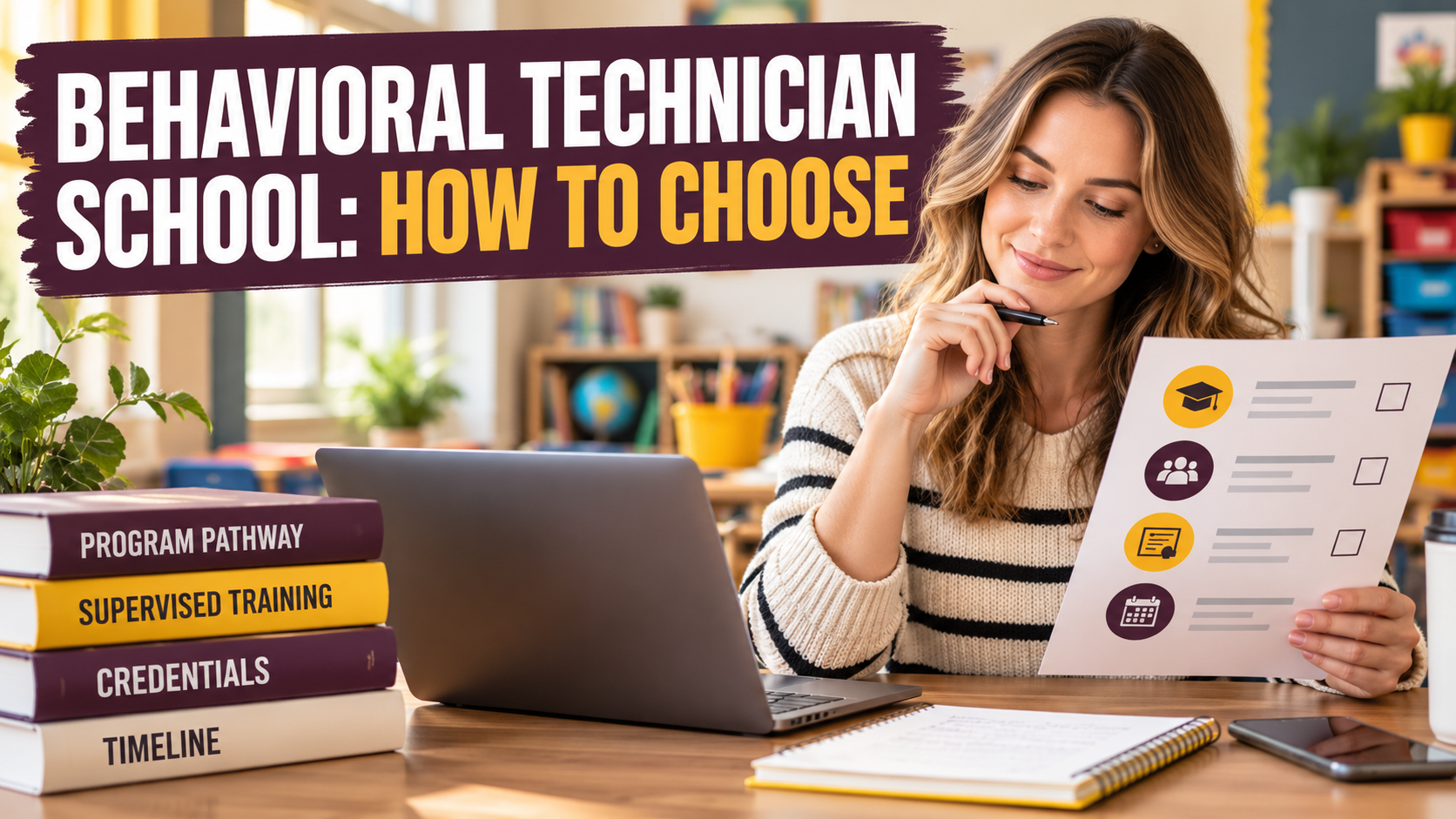 behavioral technician school checklist with a white adult woman comparing program pathways