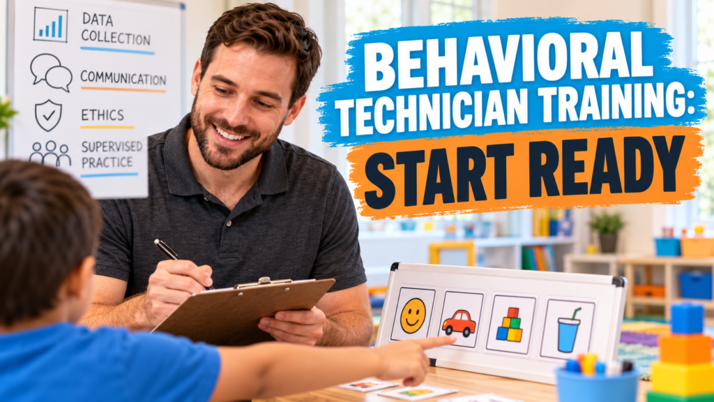 behavioral technician training guide with a white adult man practicing data collection and communication
