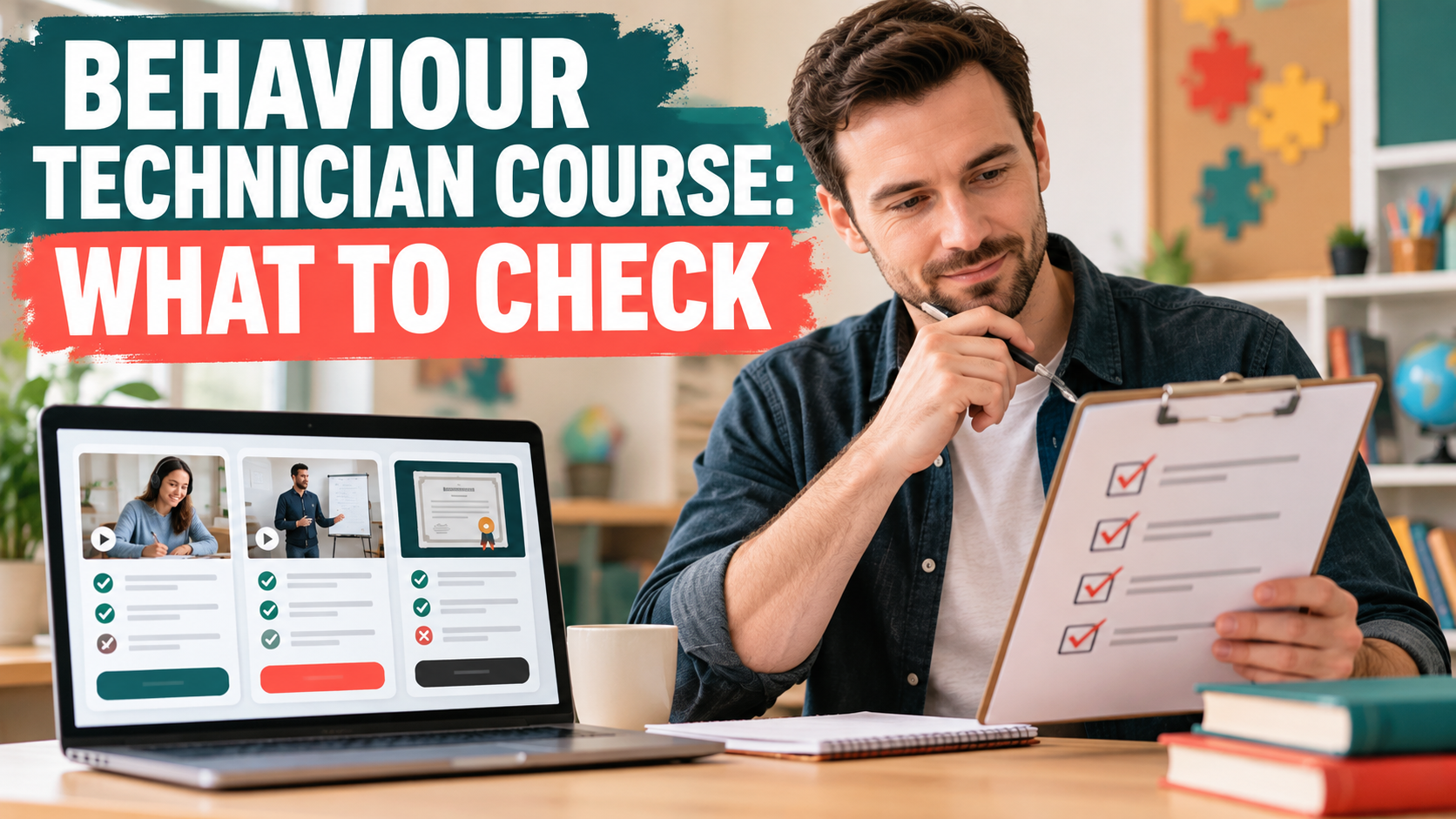 behaviour technician course checklist with a white adult man reviewing training options