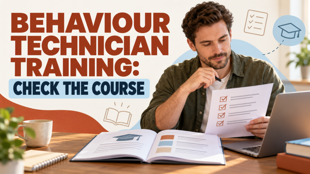 behaviour technician training course comparison with a white adult man reviewing an RBT curriculum checklist