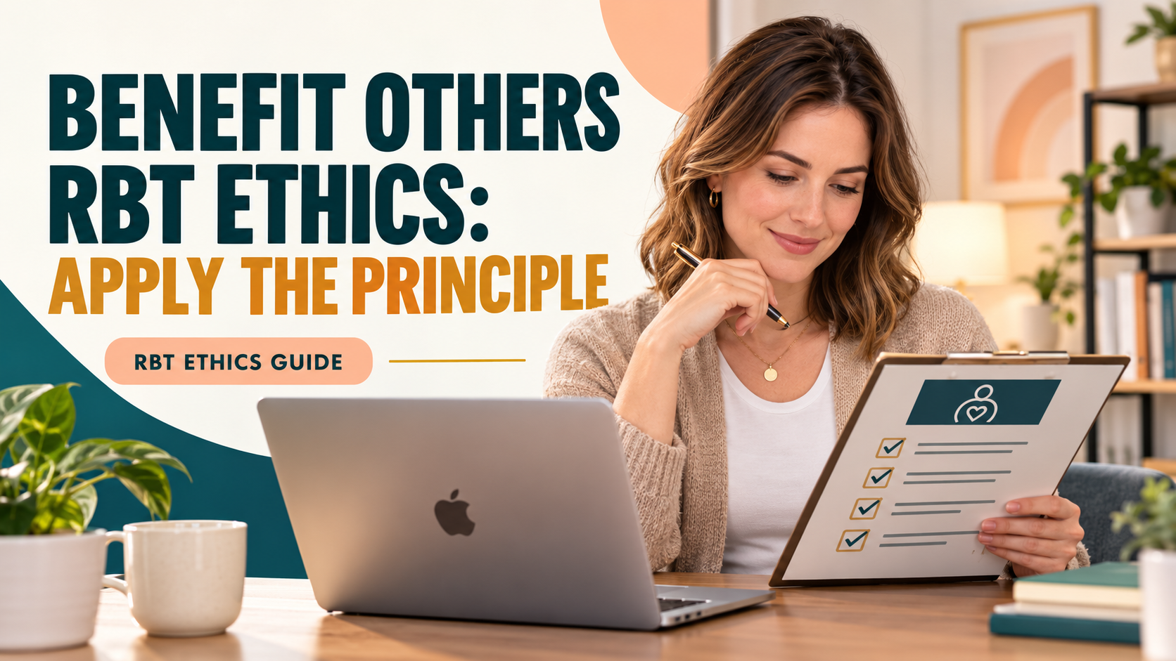 benefit others RBT ethics with a white adult woman reviewing a client-centered decision checklist beside a laptop