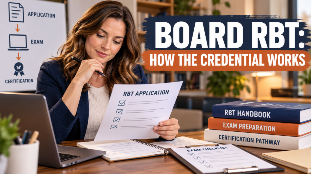 board RBT certification pathway with a white adult woman reviewing an application and exam checklist