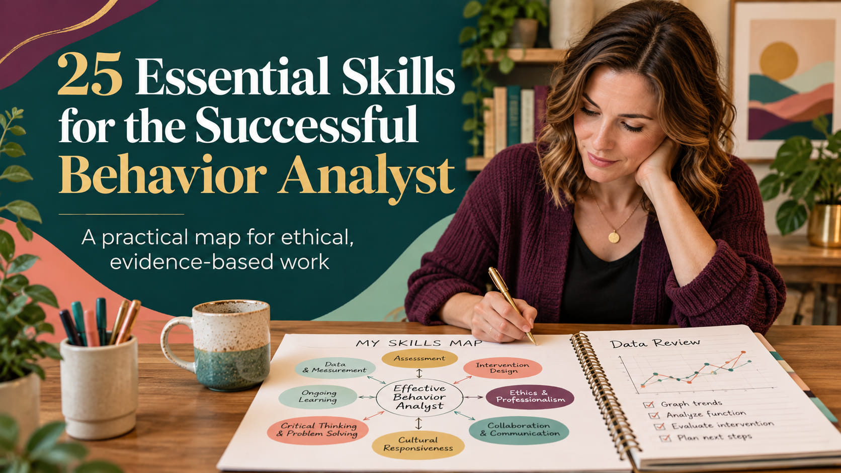 25 Essential Skills for the Successful Behavior Analyst professional habit infographic connecting evidence, scope, feedback,