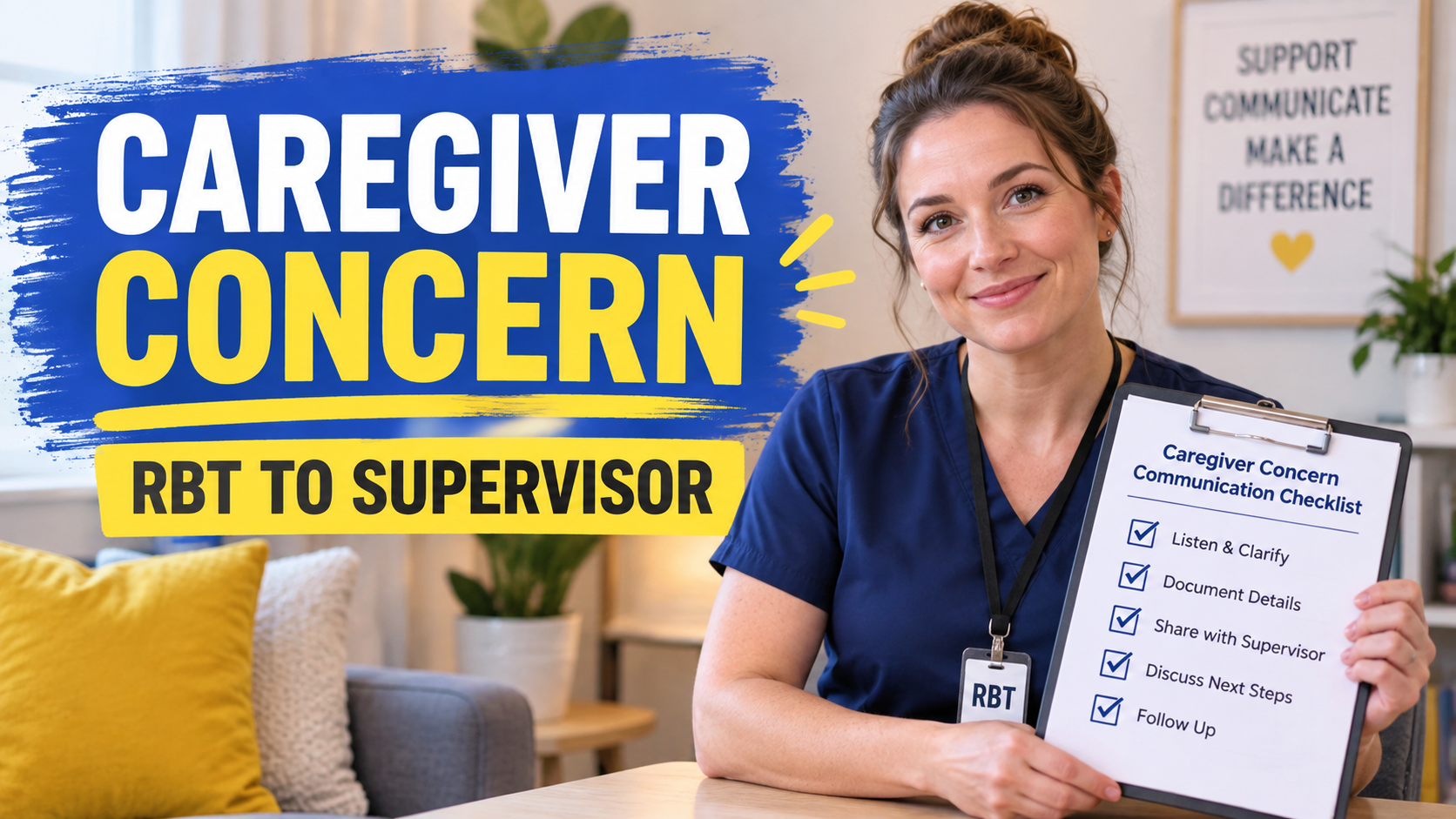 White woman reviewing a caregiver concern reporting checklist for an RBT