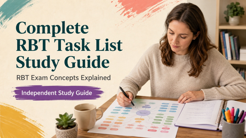 complete rbt task list study guide cover with a white adult learner reviewing a task map