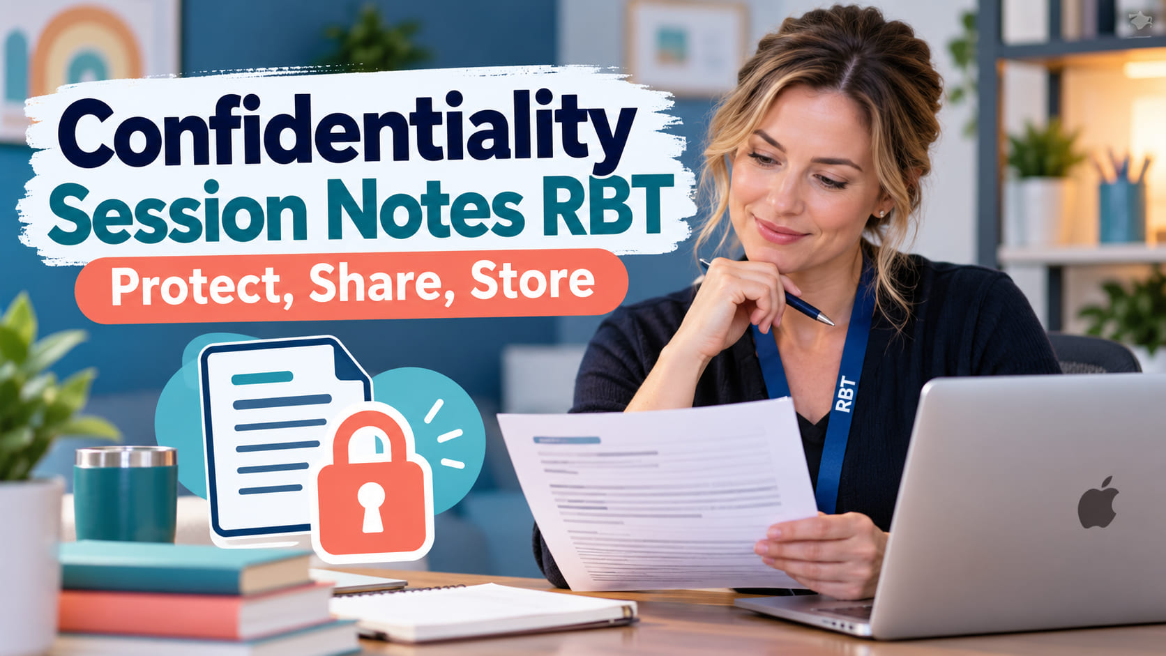 Confidentiality Session Notes RBT cover with a white woman reviewing a de-identified record beside an Apple MacBook