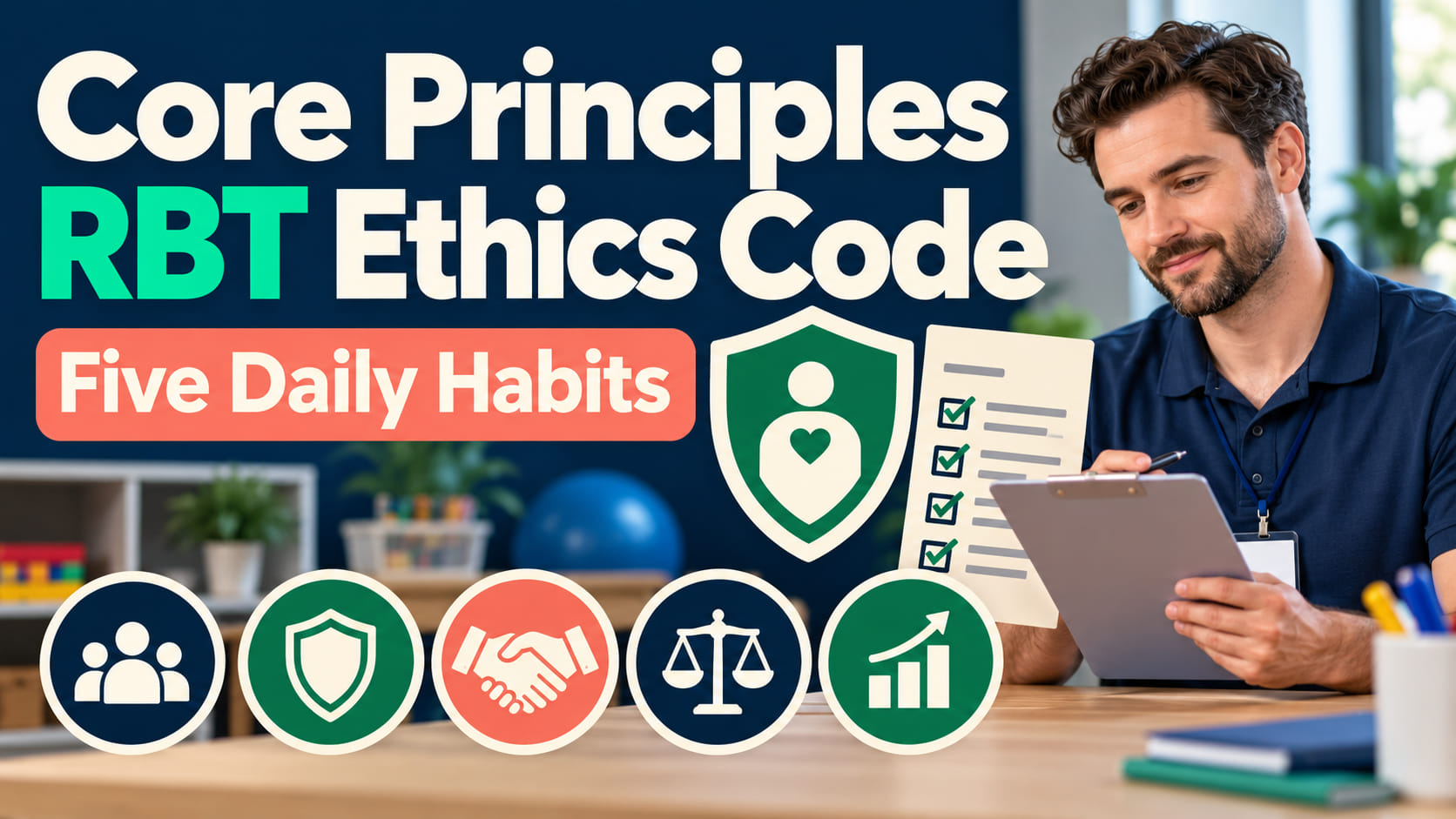 Core Principles RBT Ethics Code cover with a white man reviewing a de-identified ethics checklist