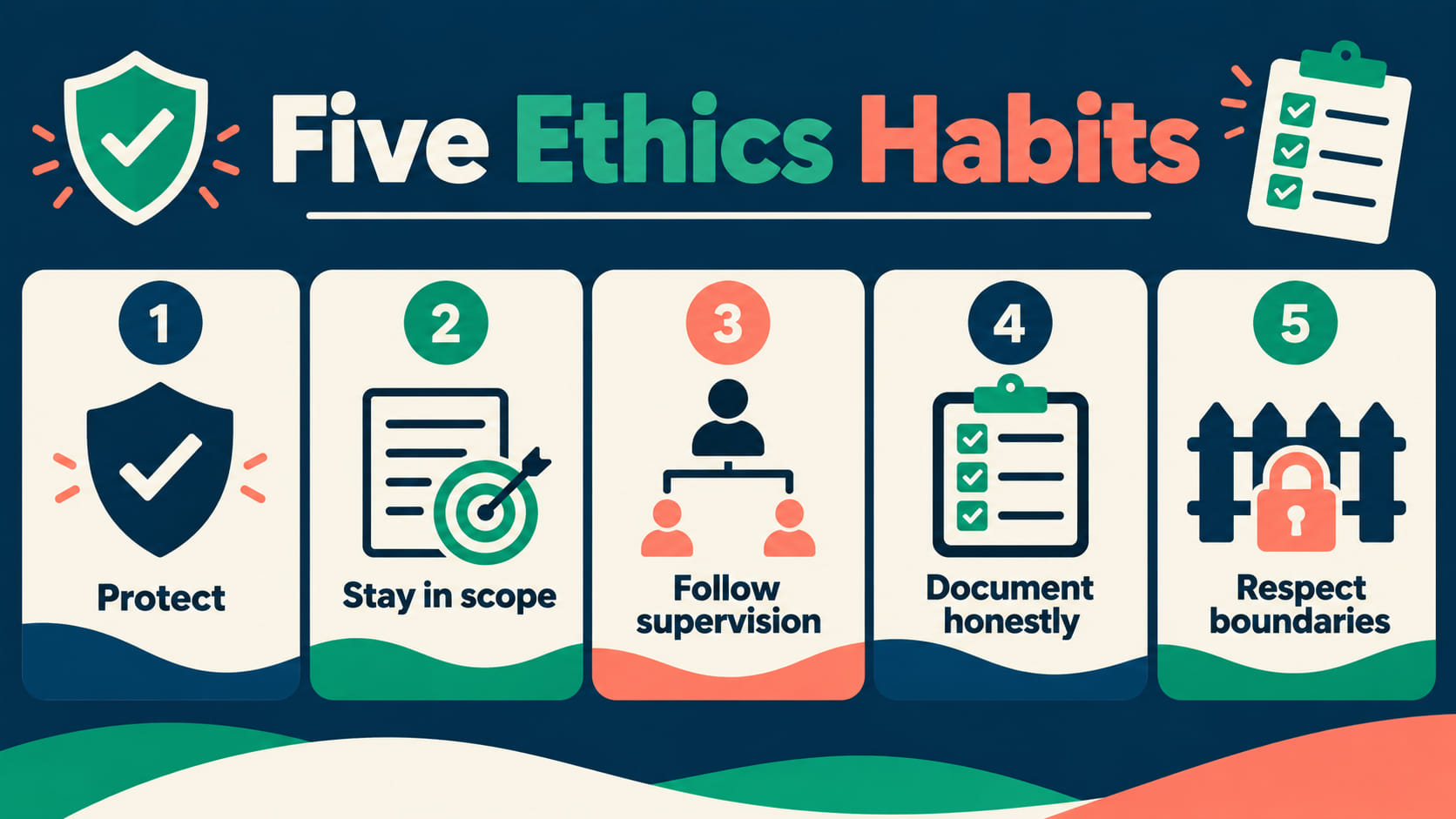 core principles rbt ethics code - Five RBT ethics habits showing protect, stay in scope, follow supervision, document honestl