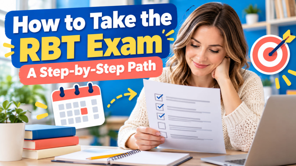 How to Take the RBT Exam cover showing a white woman reviewing a step-by-step exam checklist on an Apple laptop