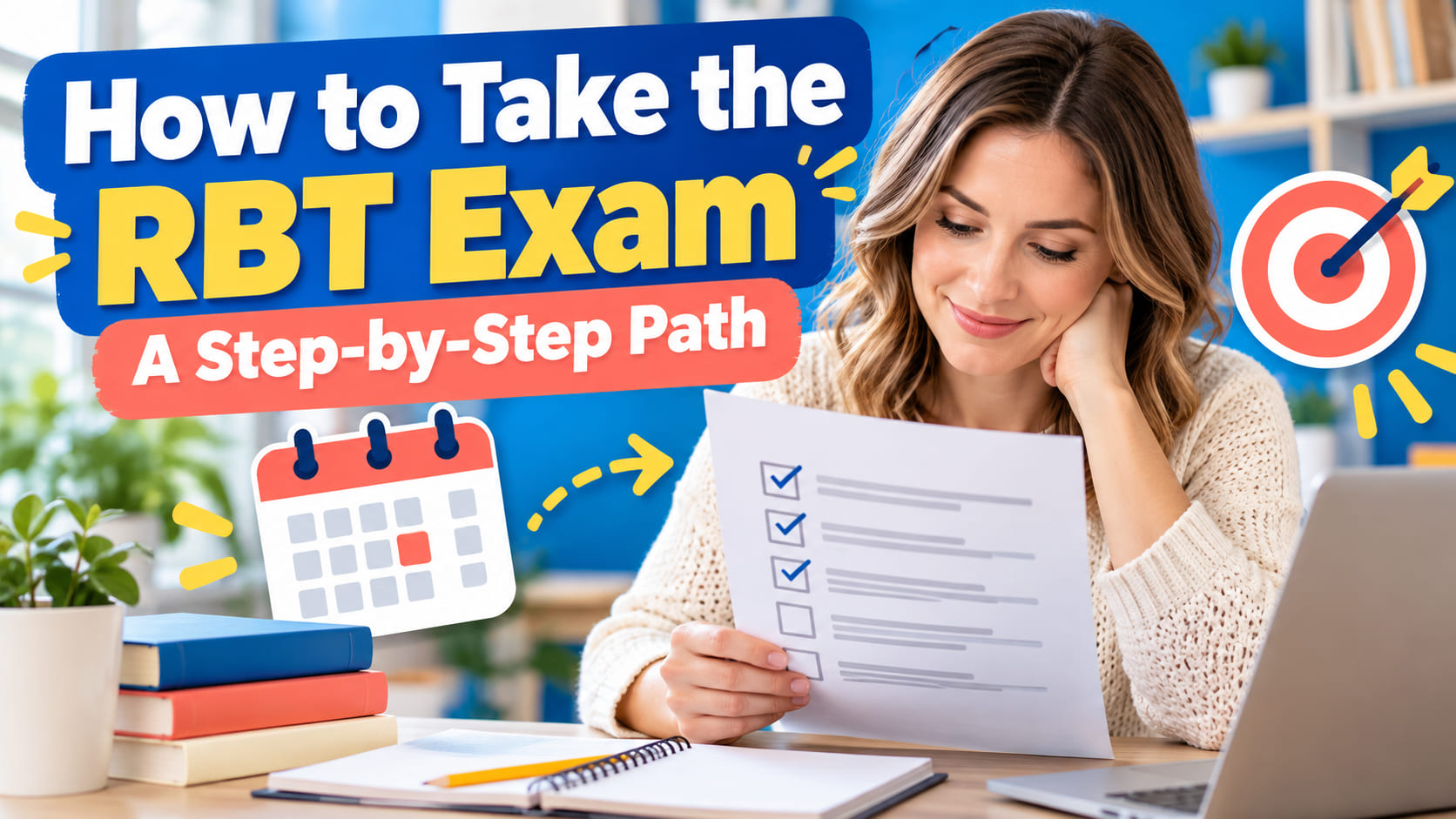 How to Take the RBT Exam cover showing a white woman reviewing a step-by-step exam checklist on an Apple laptop