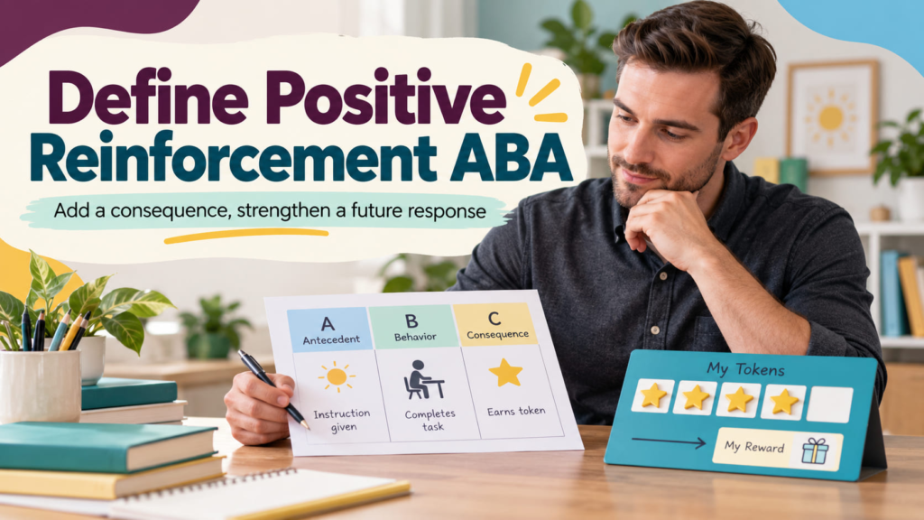 Define Positive Reinforcement ABA cover with a white man reviewing an ABC chart and token board
