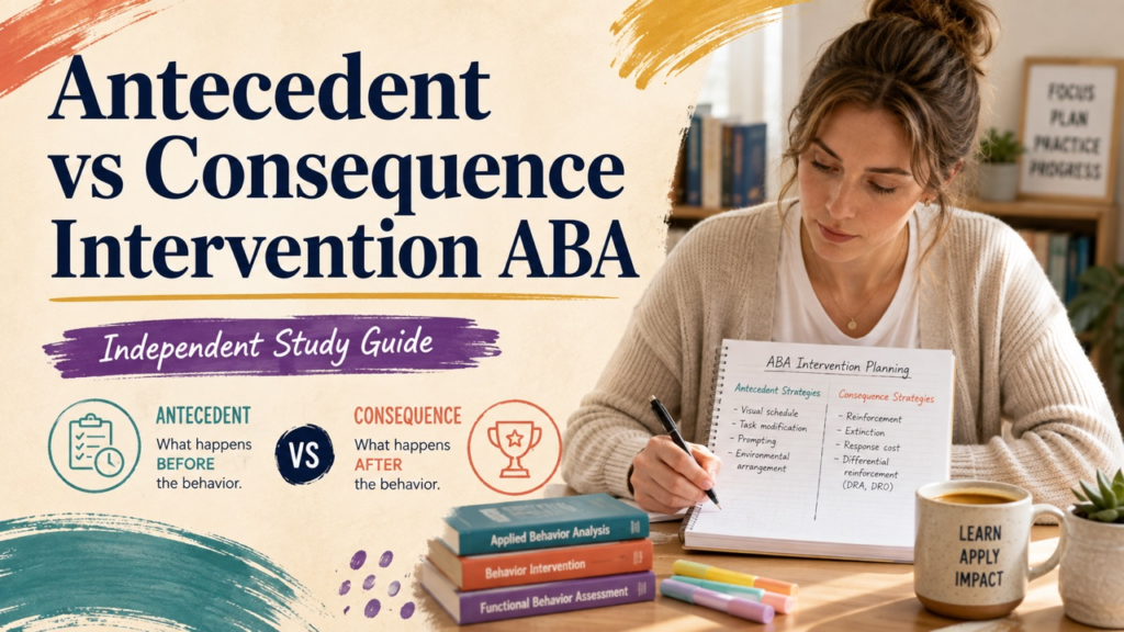 difference between antecedent intervention and consequence intervention aba study guide with white adult RBT candidate