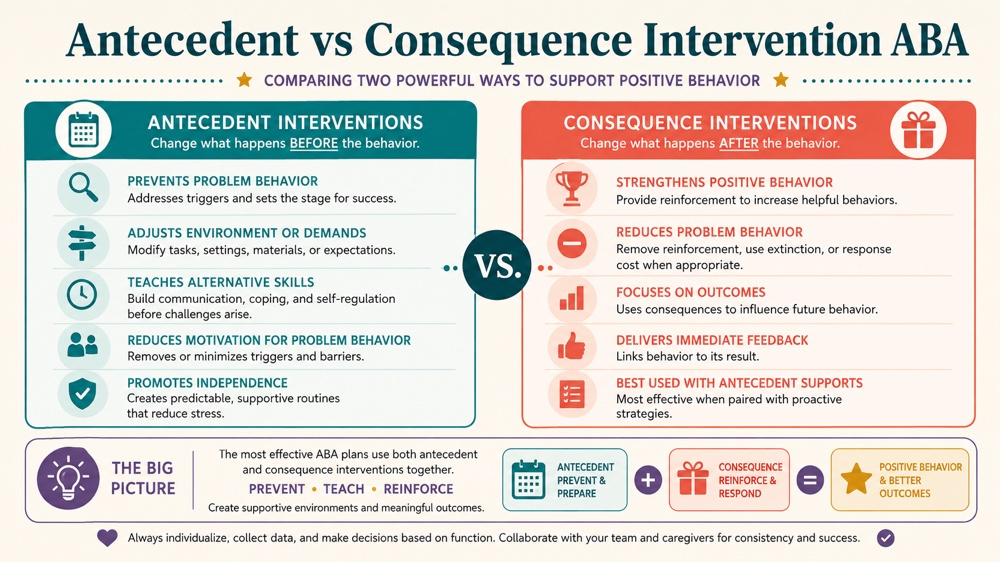 difference between antecedent intervention and consequence intervention aba RBT study checklist