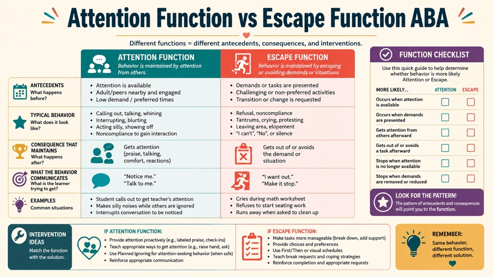 difference between attention function and escape function aba RBT study checklist