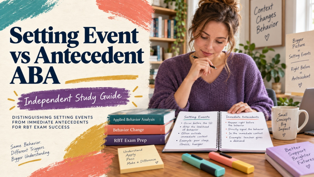 difference between setting event and antecedent aba study guide with white adult RBT candidate