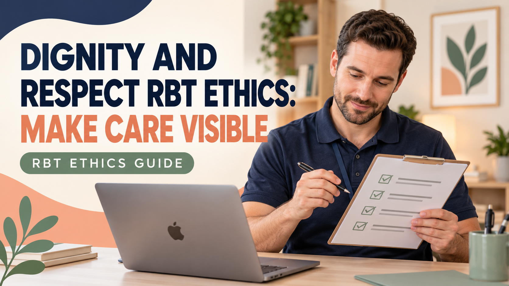 dignity and respect RBT ethics with a white adult man reviewing a respectful service checklist beside a laptop