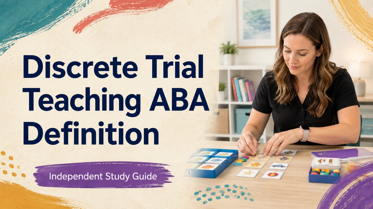discrete trial teaching aba definition cover with a white adult technician arranging learning materials at a table