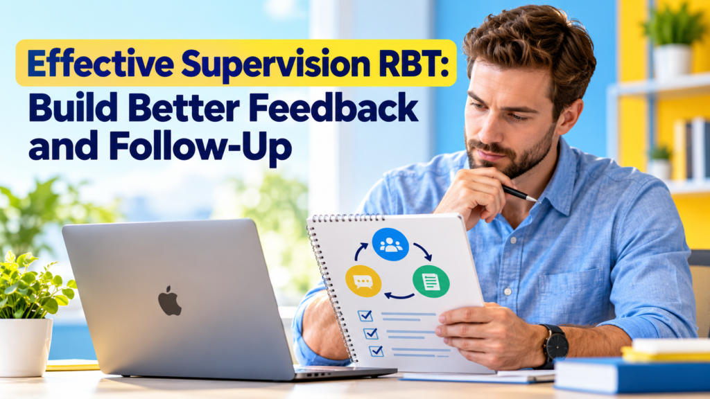Effective supervision RBT guide with a white adult man reviewing a feedback loop beside an Apple laptop