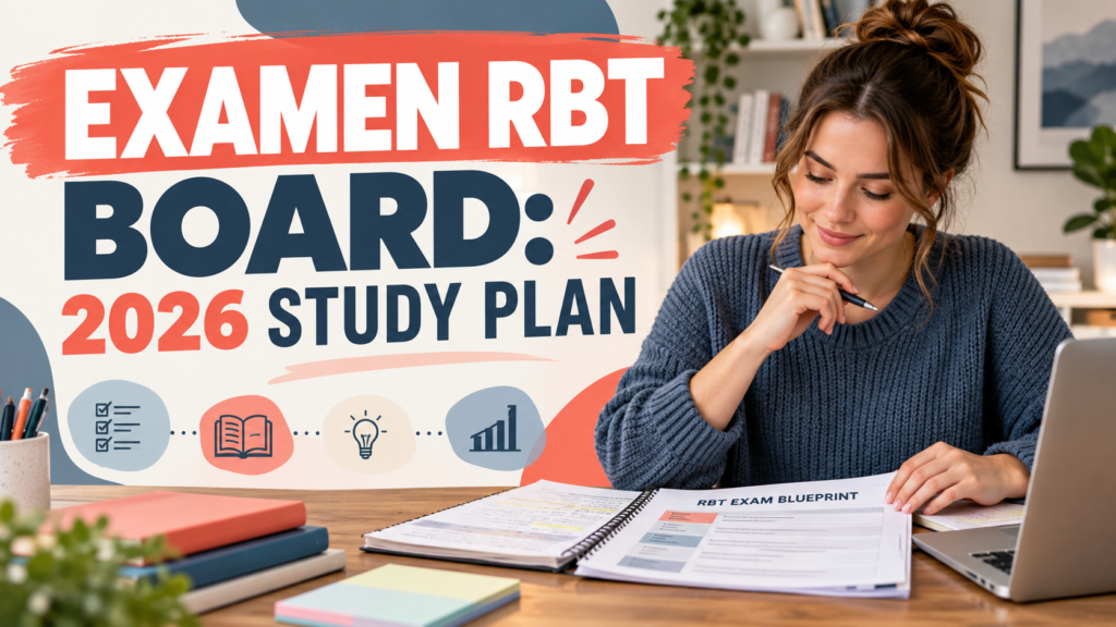 examen RBT board study planning session with a white adult woman reviewing an exam blueprint
