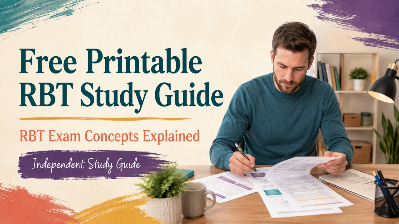 free printable rbt study guide cover with a white adult learner organizing a study workbook