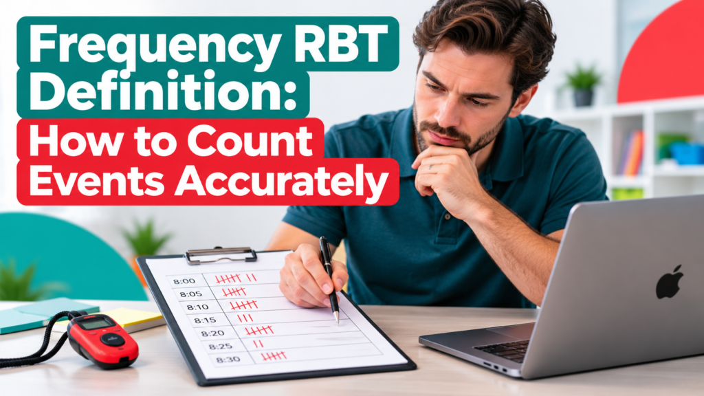 Frequency RBT definition guide with a white adult man reviewing event-count data beside an Apple laptop