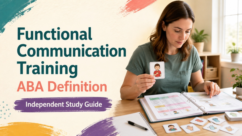 functional communication training aba definition cover with a white adult technician reviewing a communication program