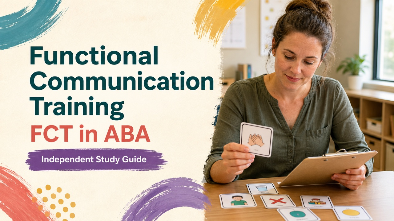 functional communication training fct in aba cover with a white adult technician reviewing communication cards