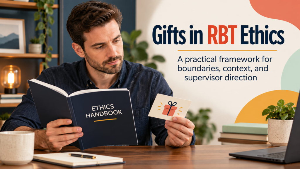 Gifts in RBT Ethics cover with a white man reviewing a gift card and ethics handbook