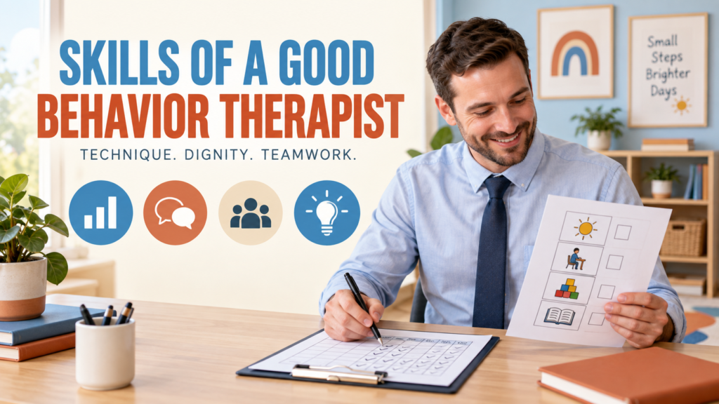 skills abilities and personality traits of a good behavior therapist shown with a white adult man reviewing a data plan