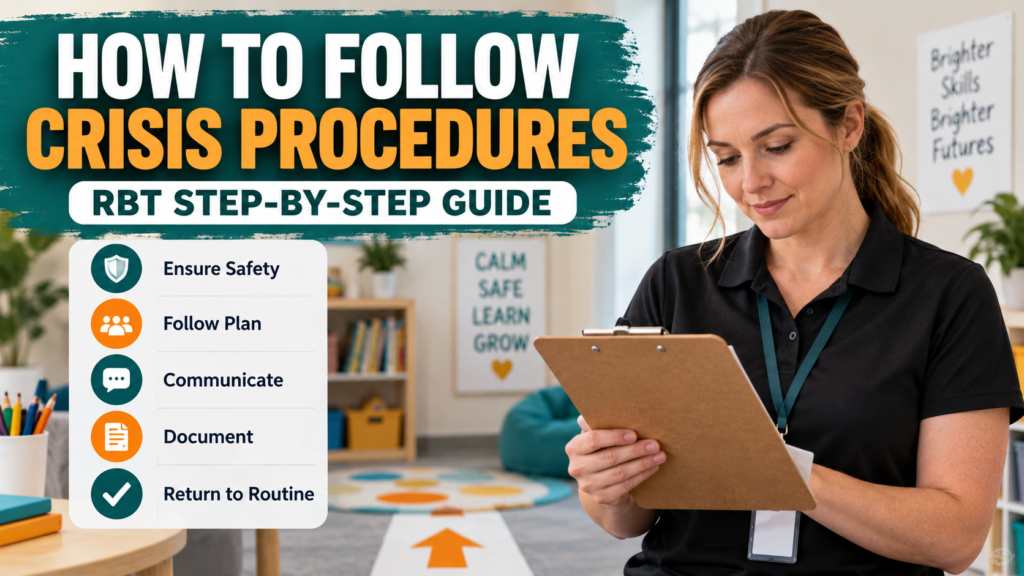 follow crisis procedures - White woman reviewing a step-by-step RBT crisis procedure guide